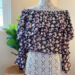 F21 Black Pink Multi Woven Top off Shoulder